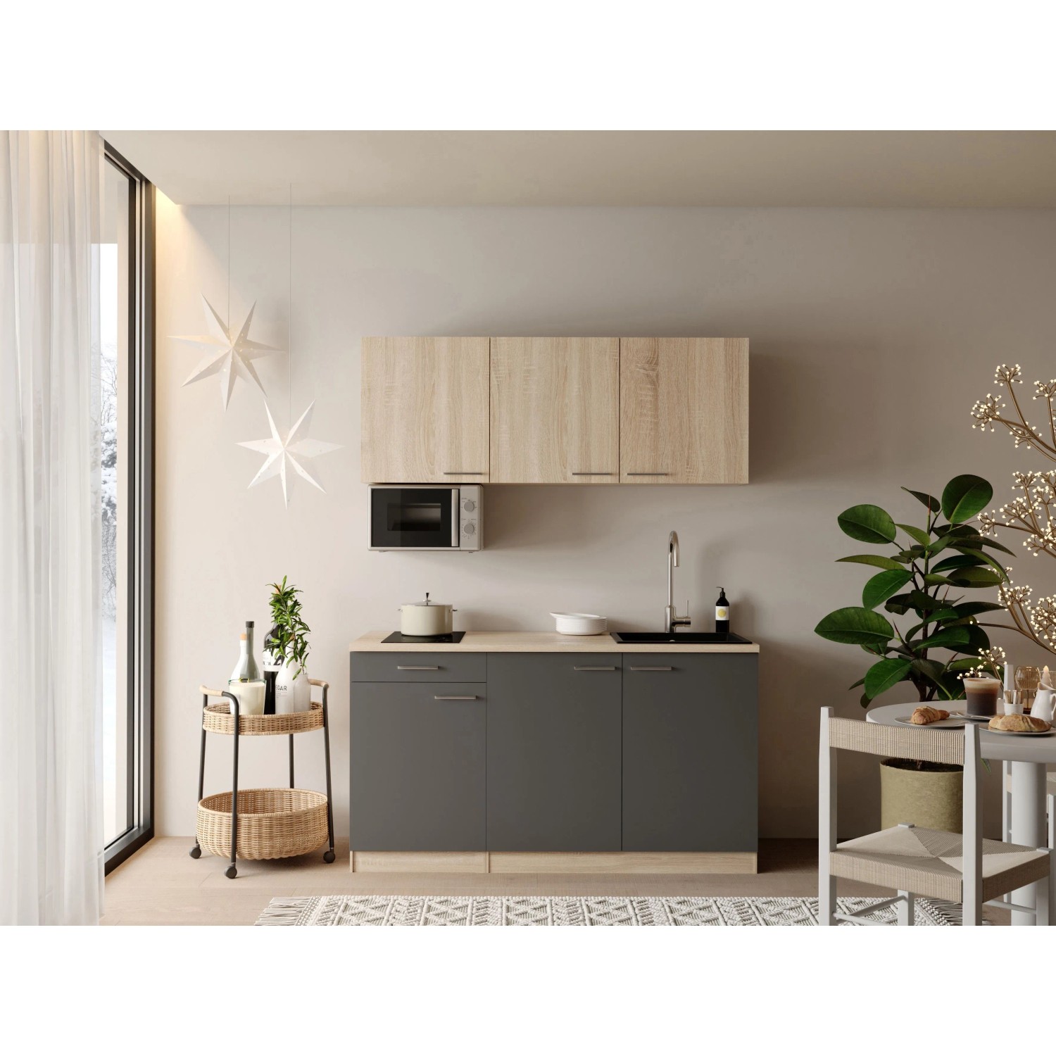Respekta Ingrid Singleküche 150 cm Grau inkl. Mikrowelle