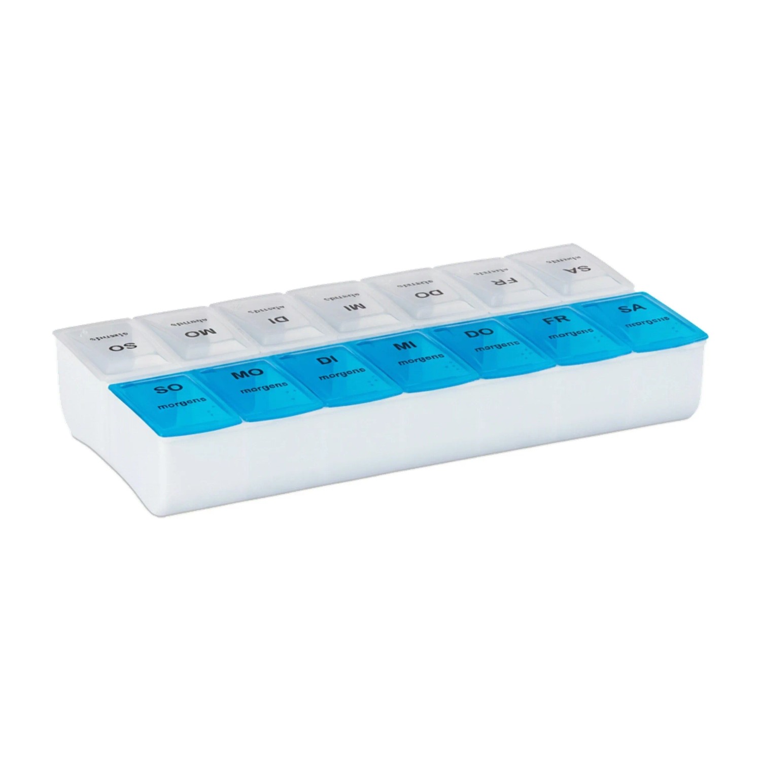Relaxdays Tablettenbox Kunststoff Weiß Blau 7 Tage 2 Fächer 18,5 cm x 9,5 cm x 3 cm 80 g