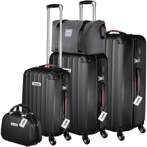 Tectake Hartschalenkoffer Set Cleo: 3 schwarze Trolleys, Beautycase, graue Reisetasche. Robustes ABS, Teleskopgriff.