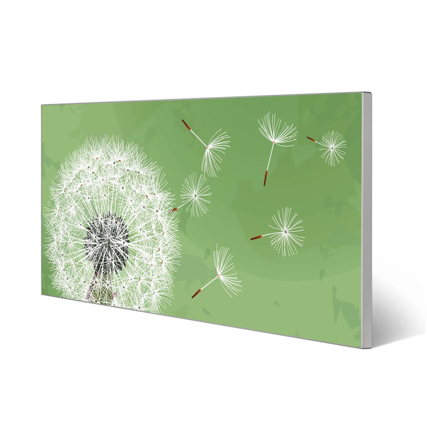 Silberne Magnettafel 78x37cm mit Pusteblumen Motiv als Wanddekoration.