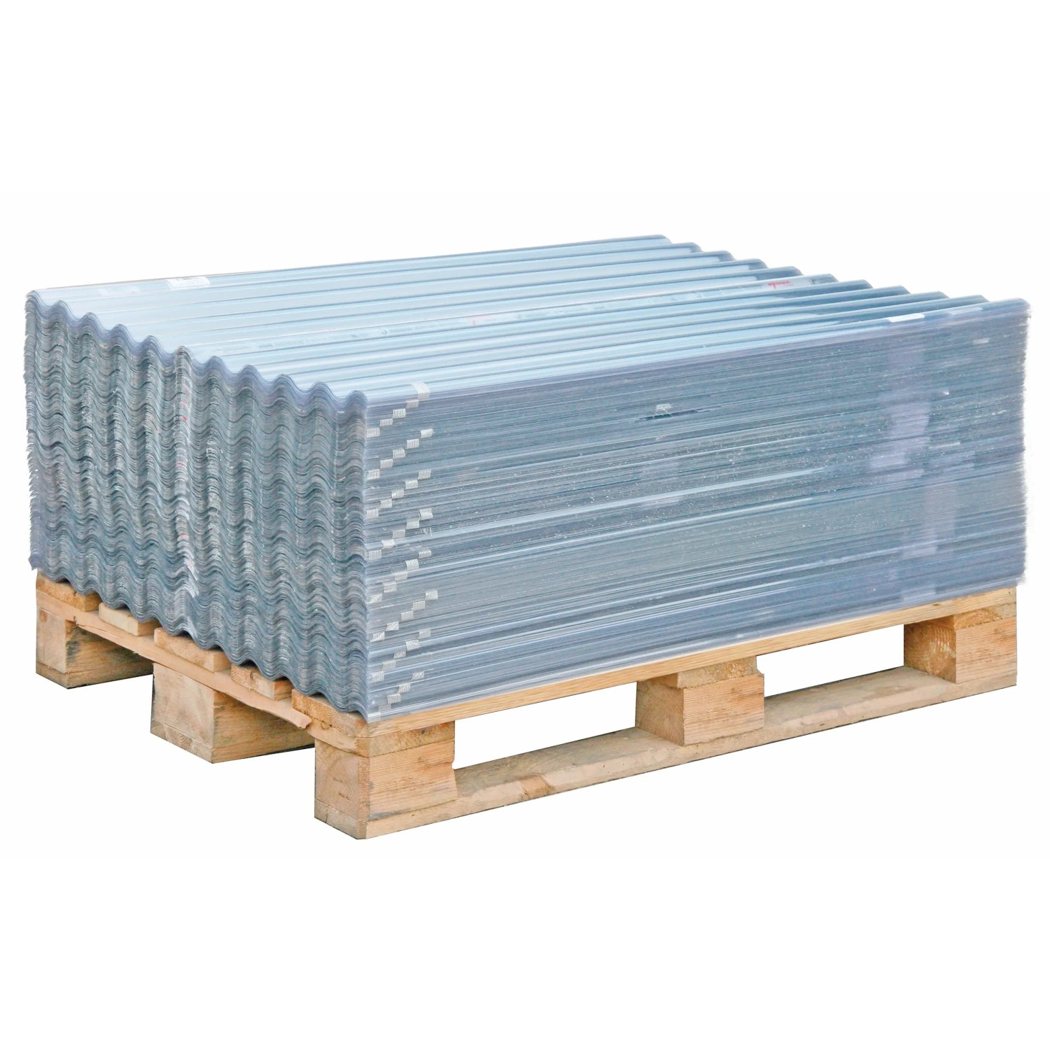 Stapel klare PVC-Wellplatten Sinus 76/18 (80x120cm) auf Palette für Kunststoffbedachung.
