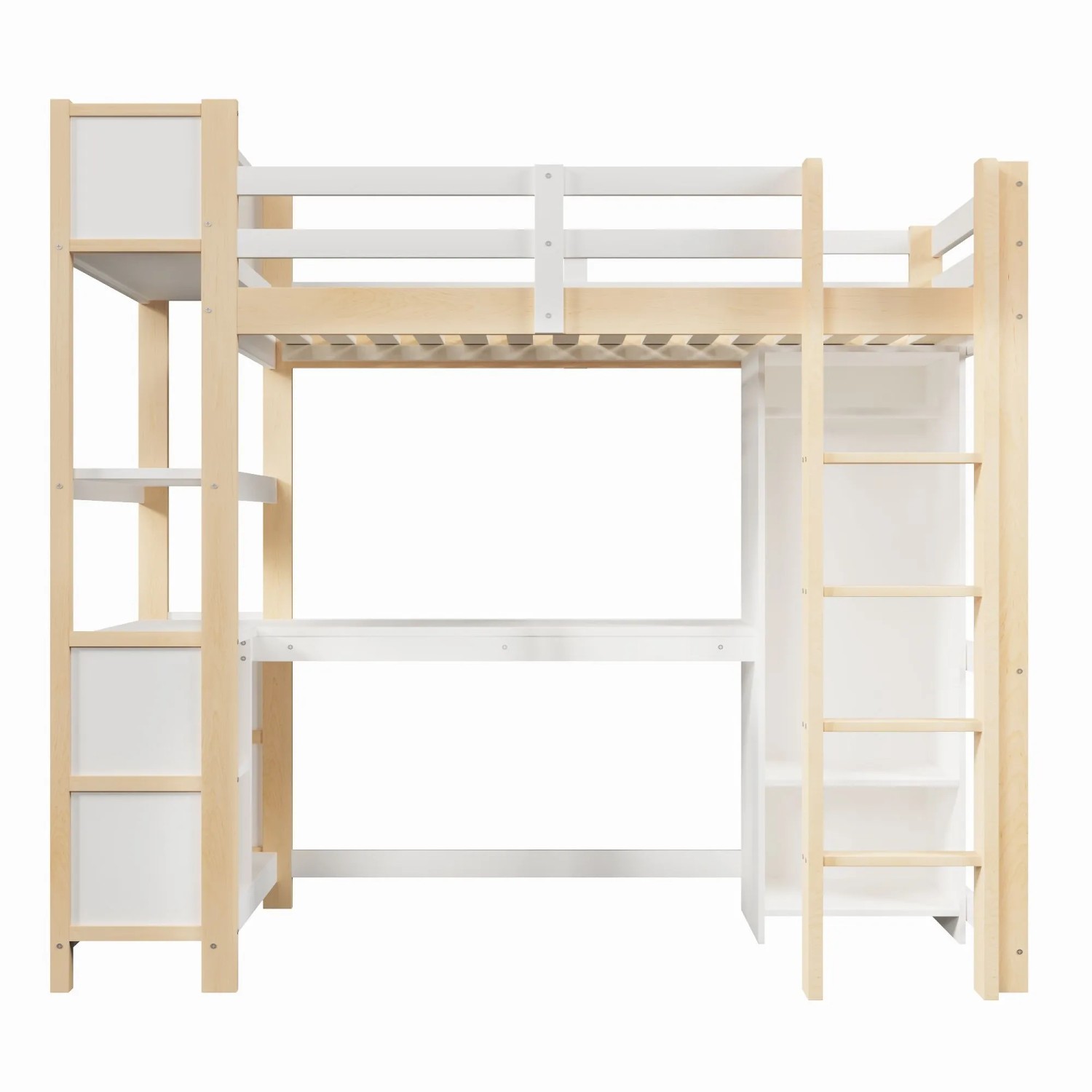 Merax Hochbett 90x200 cm Mit Regalen Schreibtisch Kleiderschrank Natur