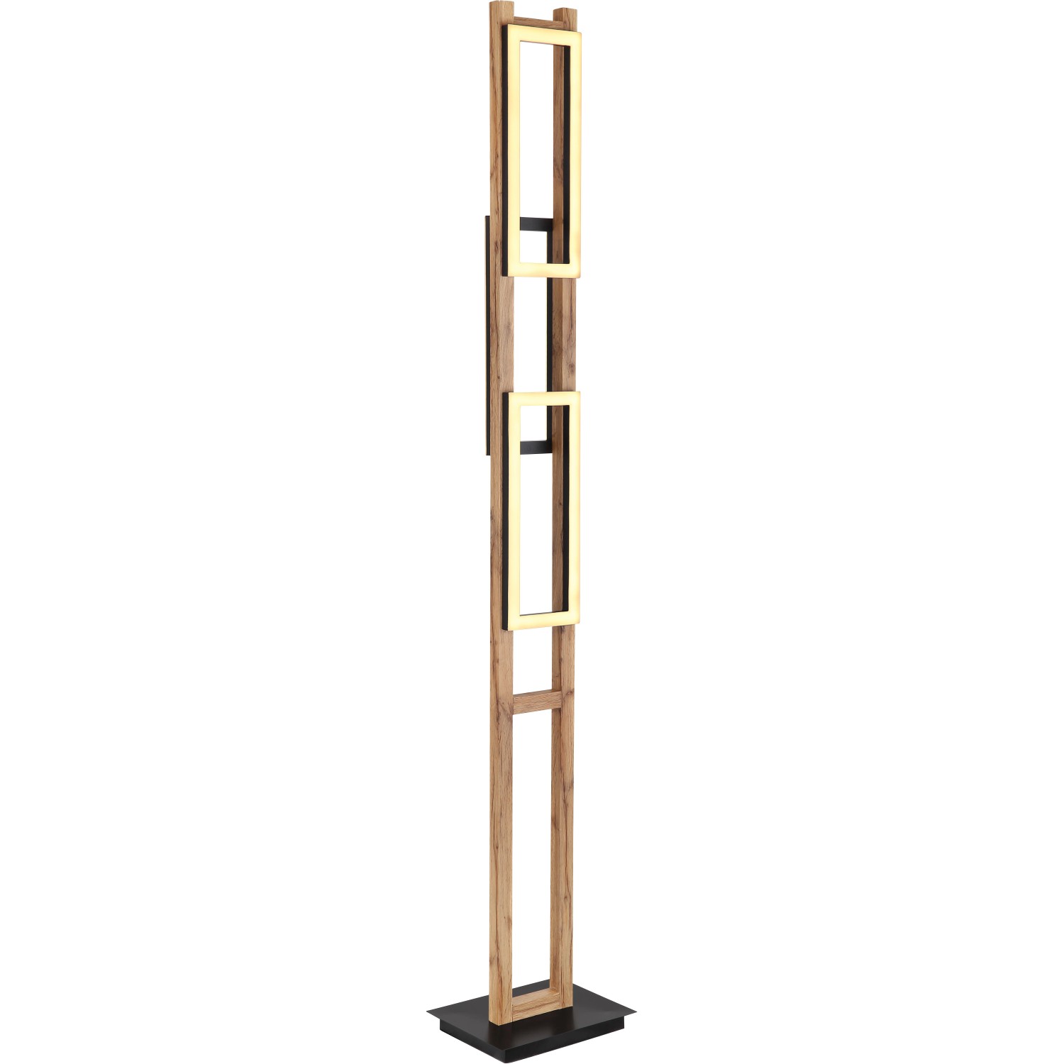 Moderne LED-Stehlampe Illa in Schwarz/Braun mit drei Leuchtelementen für Wohnraum.