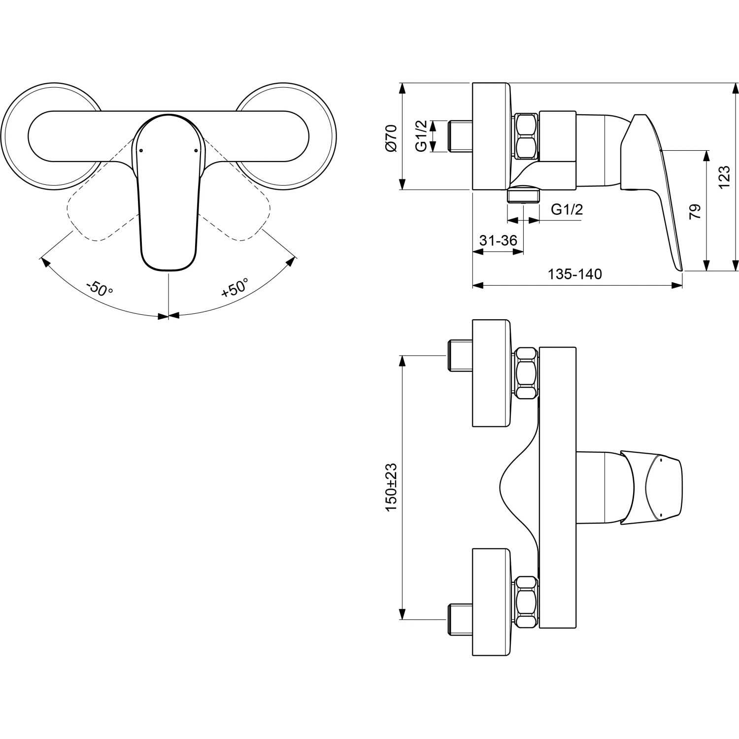 Technische Zeichnung: Ideal Standard Ceraflex Armaturenpaket mit Brausearmatur, Chrom, Maße und Anschlüsse.
