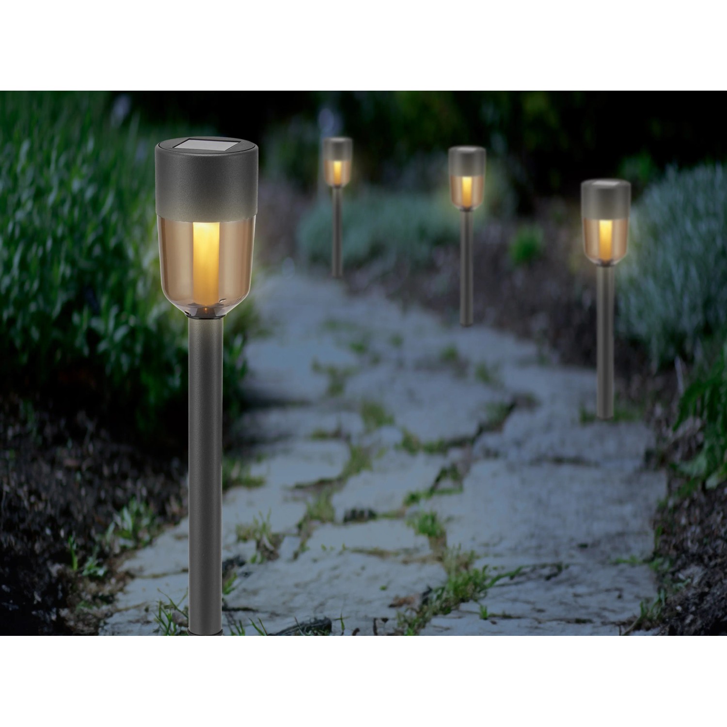 4er Set Solar-Wegeleuchten Marsala aus Edelstahl und Kunststoff, warmweißes LED-Licht.