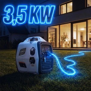 STAHLWERK IG 3500 ST Benzin Stromgenerator 3,5 kW auf Rasen vor Haus. Blauer Stromstrahl symbolisiert mobile Energieversorgung.