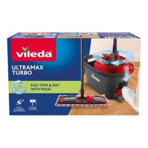 Vileda EasyWring UltraMax Turbo Bodenwischer-Set: roter Eimer mit Powerschleuder, flacher Wischmopp. Fußpedal für Auswringen.