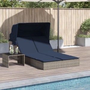 vidaXL Doppelte Sonnenliege mit Baldachin und Kissen, grau, Poly-Rattan 368644