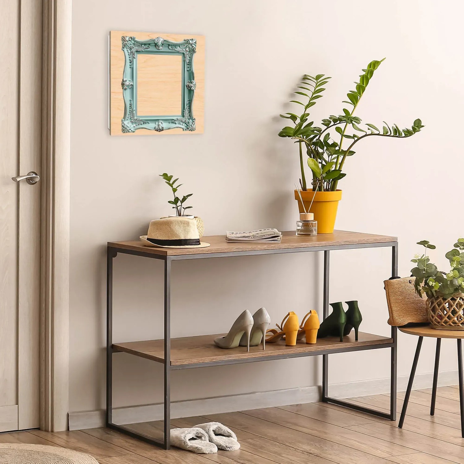 Banjado Schlüsselkasten 30x30cm, weiße Holzfront mit Barockrahmen in Türkis, 50 Haken zur Schlüsselaufbewahrung.