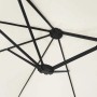 Stabiles, schwarzes Gestell des sandweißen Doppel-Sonnenschirms von unten. Pulverbeschichtete Eisen-Konstruktion.