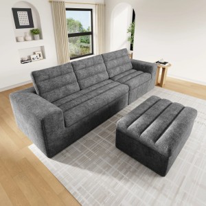 Merax Cloud Sofa L-Form modular in Hellgrau Chenille mit Hocker. Modernes Ecksofa für flexiblen Sitzkomfort.