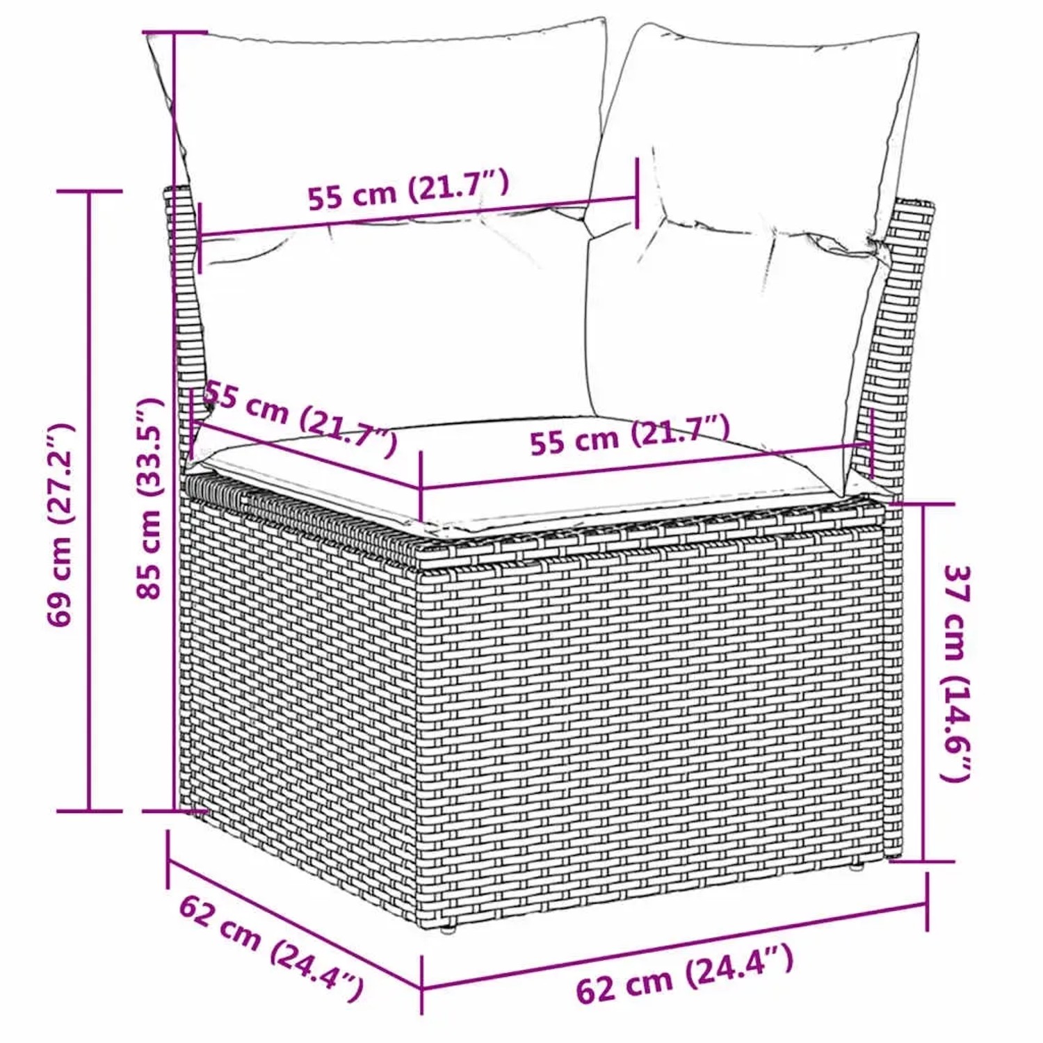 vidaXL Garten-Sofagarnitur, 9-teilig, grau, Poly Rattan, mit Maßangaben.