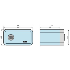 Abbildung eines blau-weißen mySafe Elektronik-Möbeltresors mit Maßangaben.