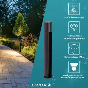 Schwarze LUXULA Außenstehleuchte aus Aluminium, 60 cm hoch, mit Erdspieß. Wegeleuchte für GU10 Leuchtmittel.