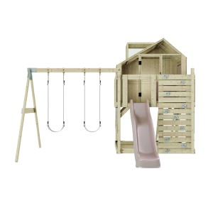 Kinderspielturm mit altrosa Rutsche und zwei Schaukeln. Kletterwand und Spielhaus aus Holz.