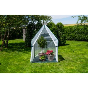 Westmann Überwinterungszelt & Foliengewächshaus Chili im Garten mit Pflanzen.