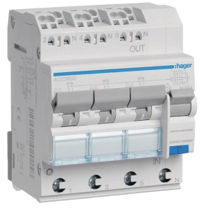 Hager Fehlerstrom-Leitungsschutzschalter C-10A/3P+N, ein 4-poliger Schutzschalter mit grauen Kipphebeln.
