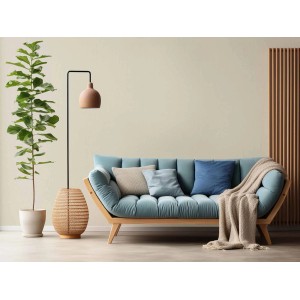 Wohnraum mit hellbeige Erfurt Vliesfaser Colour 302-3 Tapete, kombiniert mit Sofa und Dekoration.