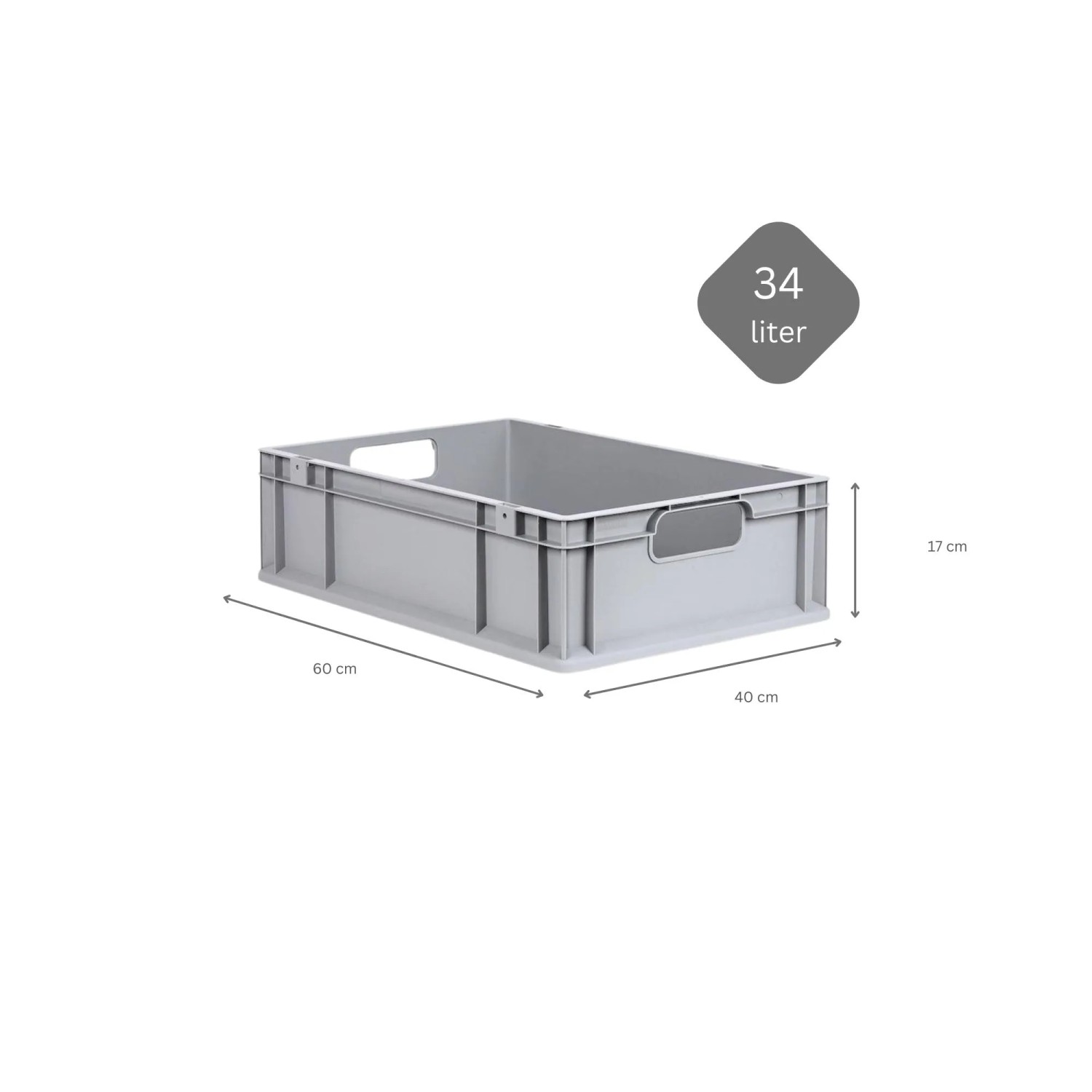 Graue PROREGAL Eurobox Nextgen Economy, 34 Liter, mit Griffen und Maßangaben.