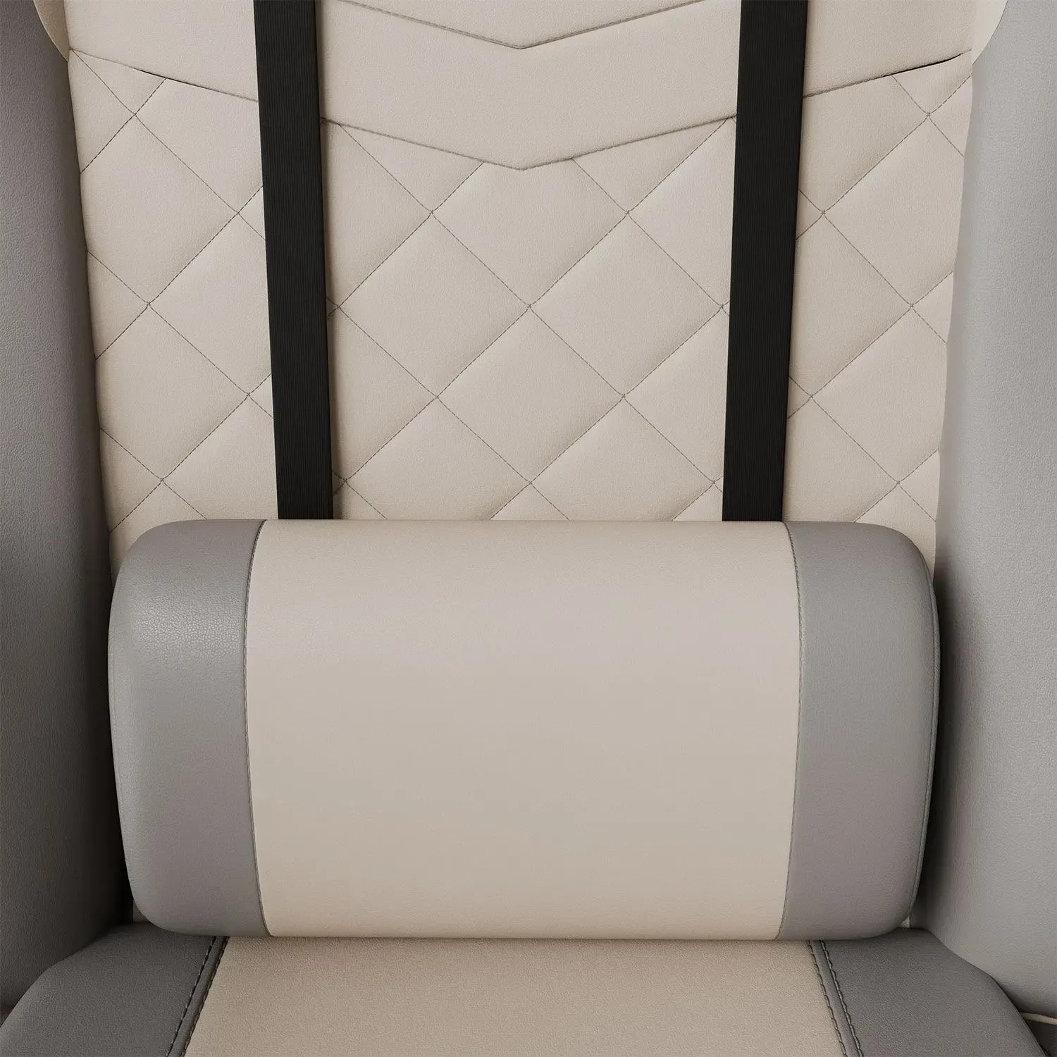 Detailaufnahme: Beige/hellgrauer Juskys Gamingstuhl HyperSeat mit Nackenstütze.