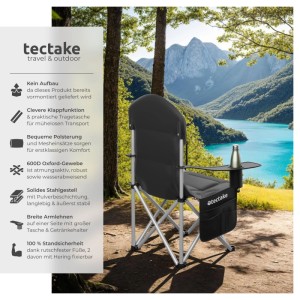 Gepolsterter, faltbarer Campingstuhl von Tectake mit Getränkehalter und Tasche vor Bergkulisse.