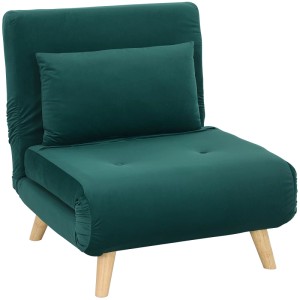 Dunkelgrüner HOMCOM 3-in-1 Schlafsessel mit Samtoptik, Lendenkissen und Holzbeinen. Klappbarer Loungesessel.