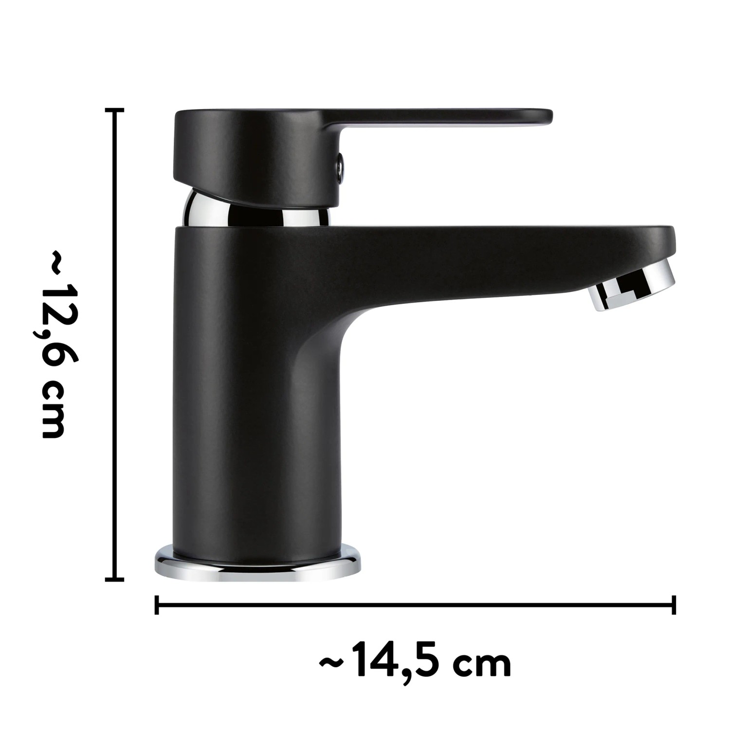 baliv Waschtischarmatur WT-5891, schwarz-matte Armatur mit Pop-Up Ventil und Maßen.