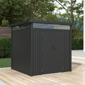 Juskys Gerätehaus Luzern M, 5,2 m², Anthrazit. Metall Gerätehaus mit Doppeltür und Fenster.