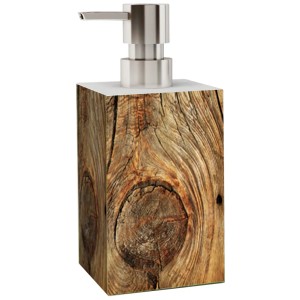 Sanilo Seifenspender im rustikalen Design mit Holzoptik und Edelstahlpumpe.