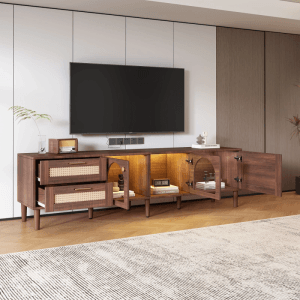 okwish TV Schrank mit Rattan Schubladen Glastüren LED 180x40x50cm Braun