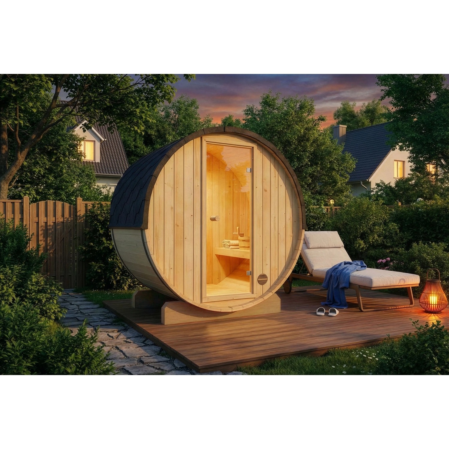 FinnTherm Fasssauna Mini XXS aus Holz mit Glastür und Dachschindeln auf Holzterrasse.