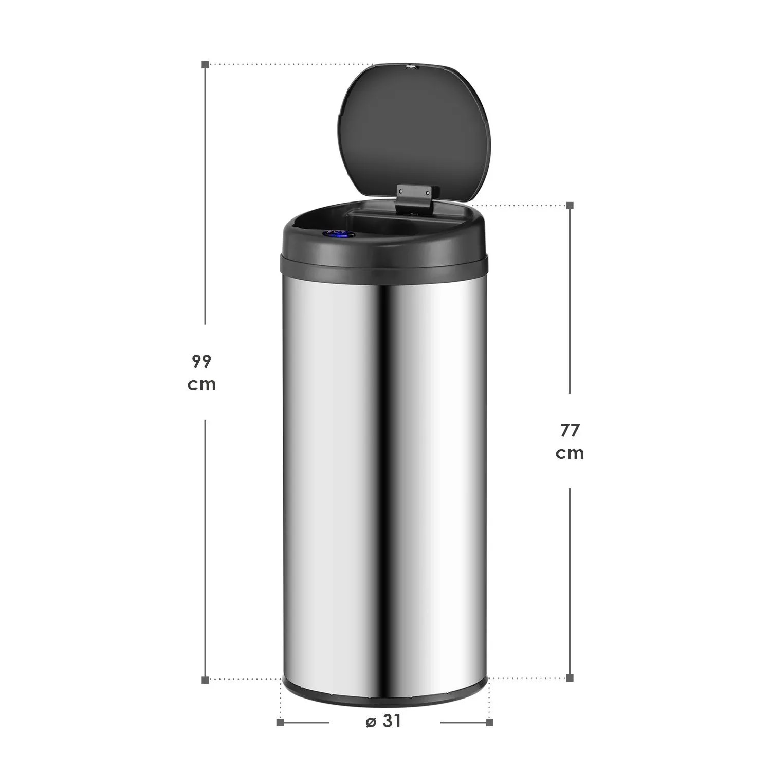 Runder Juskys Mülleimer mit Sensor, 50 L, Silber, Deckel geöffnet, Maße eingezeichnet.