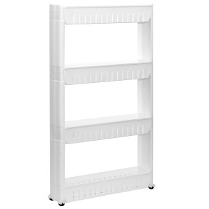 Weißer, schmaler Nischenwagen mit 4 Regalen und Rollen von eyepower, ideal für kleine Räume.