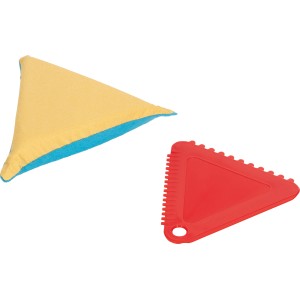 Eiskratzer mit Reinigungspad, gelb/blaues Pad und roter Schaber mit Eisbrecherzähnen.
