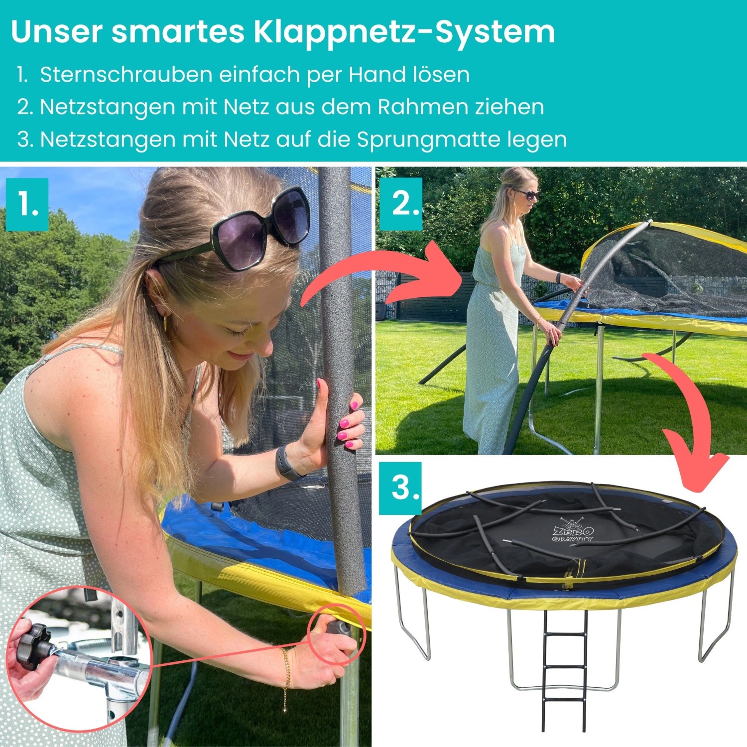 Zero Gravity Trampolin 305cm: Smartes Klappnetz-System im Detail, einfache Handhabung.