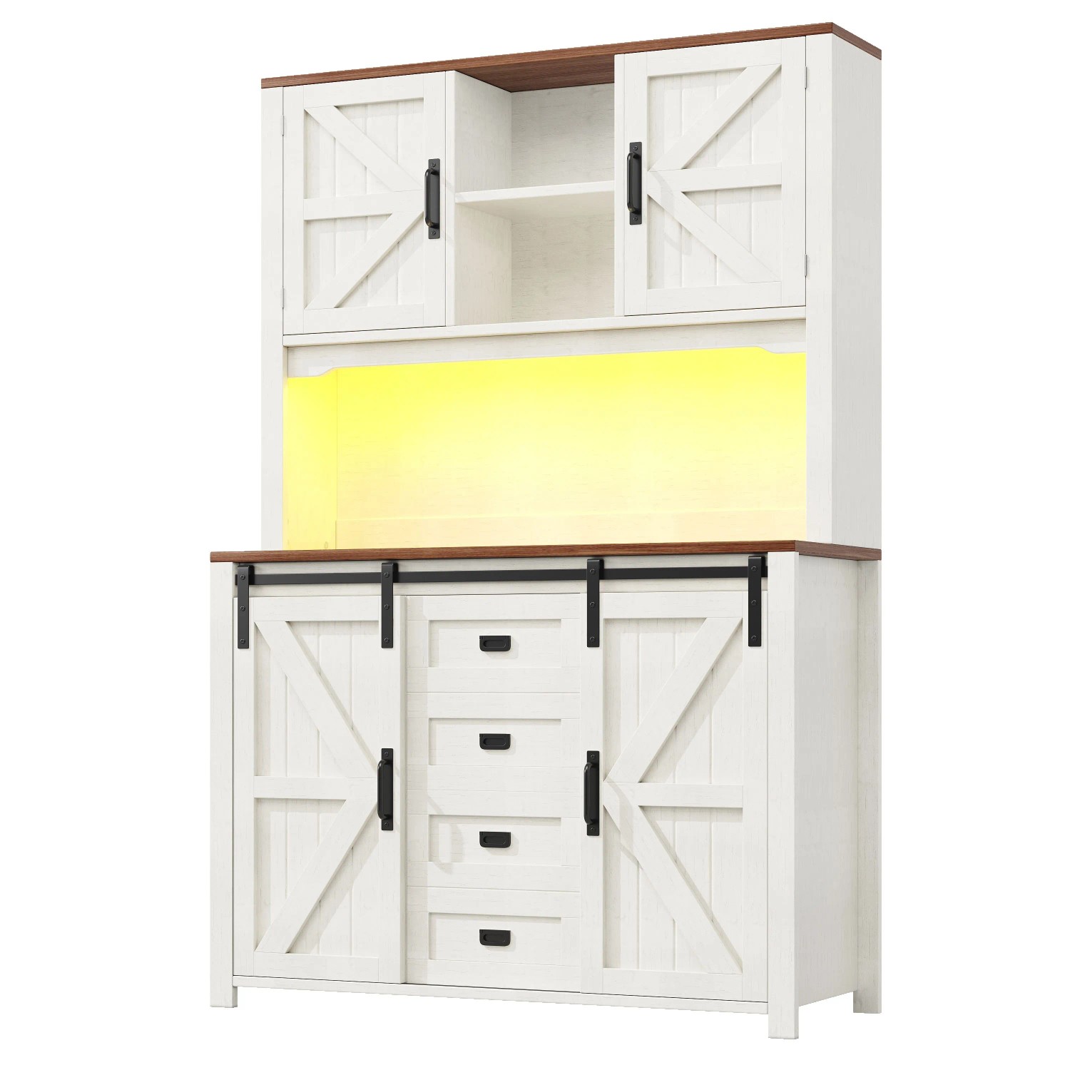 Merax Küchenschrank 115x40x175 cm Schwarz Weiß Schiebetüren LED Beleuchtung