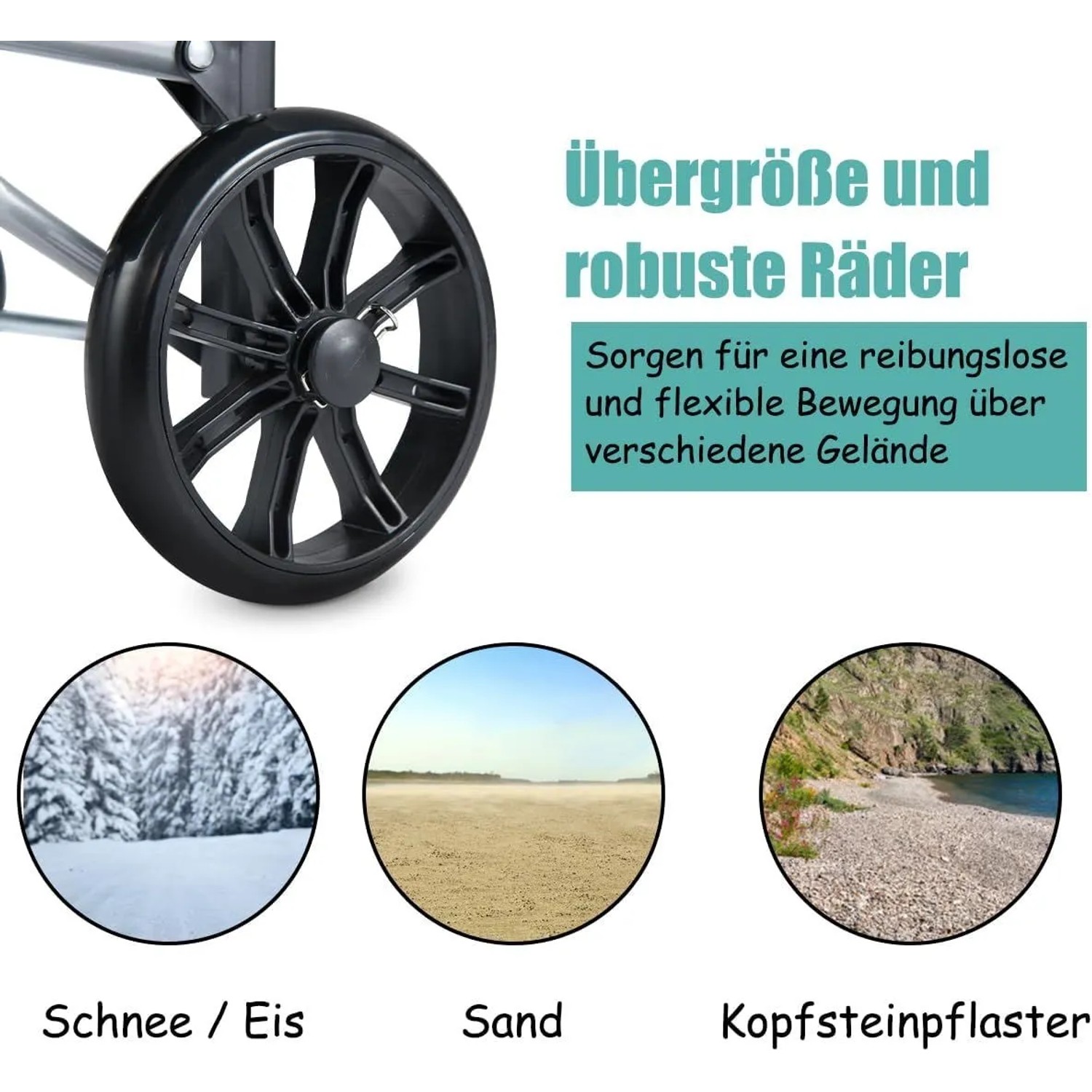 Große, robuste Räder des Costway Einkaufstrolleys für mühelose Bewegung auf Schnee, Sand und Kopfsteinpflaster.