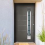 Moderne anthrazitfarbene Splendoor Haustür Berlin Prime mit Edelstahlapplikation und Glaselement.
