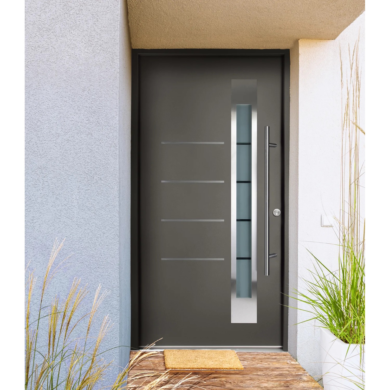 Moderne anthrazitfarbene Splendoor Haustür Berlin Prime mit Edelstahlapplikation und Glaselement.