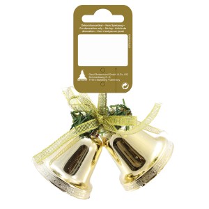 Goldener Deko-Glockenhänger mit Doppelglocke, 10x5x8 cm, aus Kunststoff für Weihnachtsbaum und Deko.