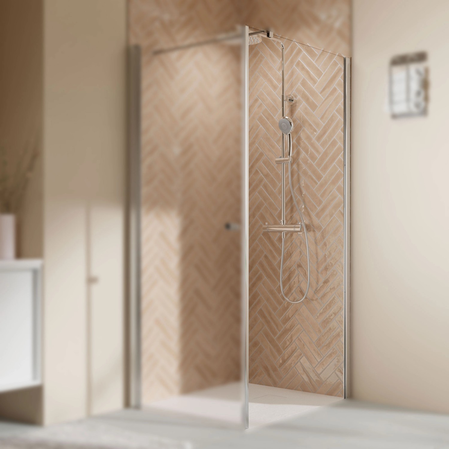 Breuer Elana 2.0 Seitenwand, 90 cm, Alu-Chrom, DIN rechts, abgerundete Profile. Duschwand im Badezimmer.