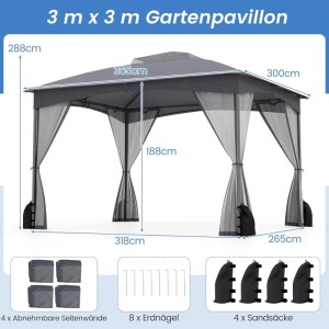 Grauer Costway Gartenpavillon 3x3,6m mit 4 Moskitonetz-Seitenwänden, 4 Sandsäcken & Erdnägeln. Für Camping.