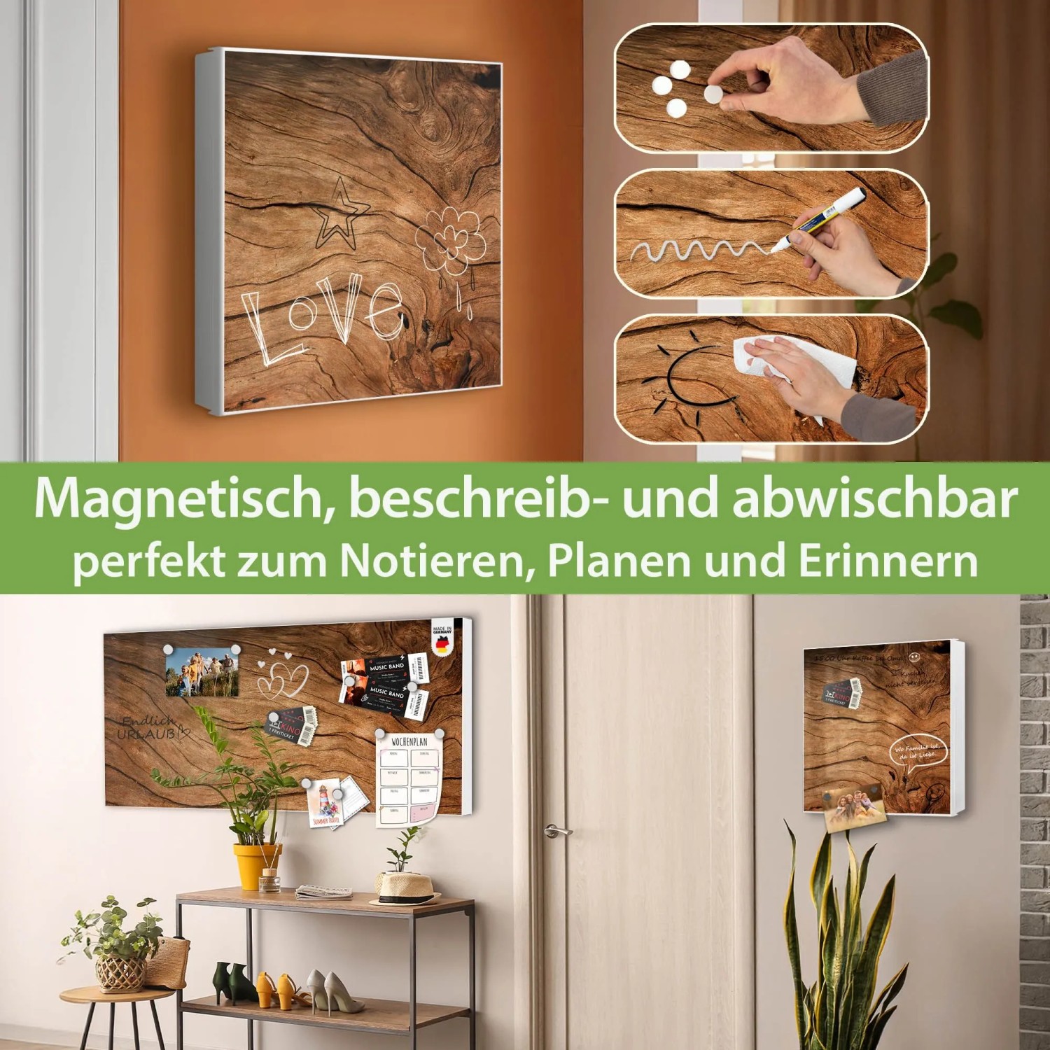 Banjado Großer Schlüsselkasten Metall 30x30cm Weiß Scharnier Rechts 50 Haken Beschreibbar Magnetisch Motiv Trockenes Holz