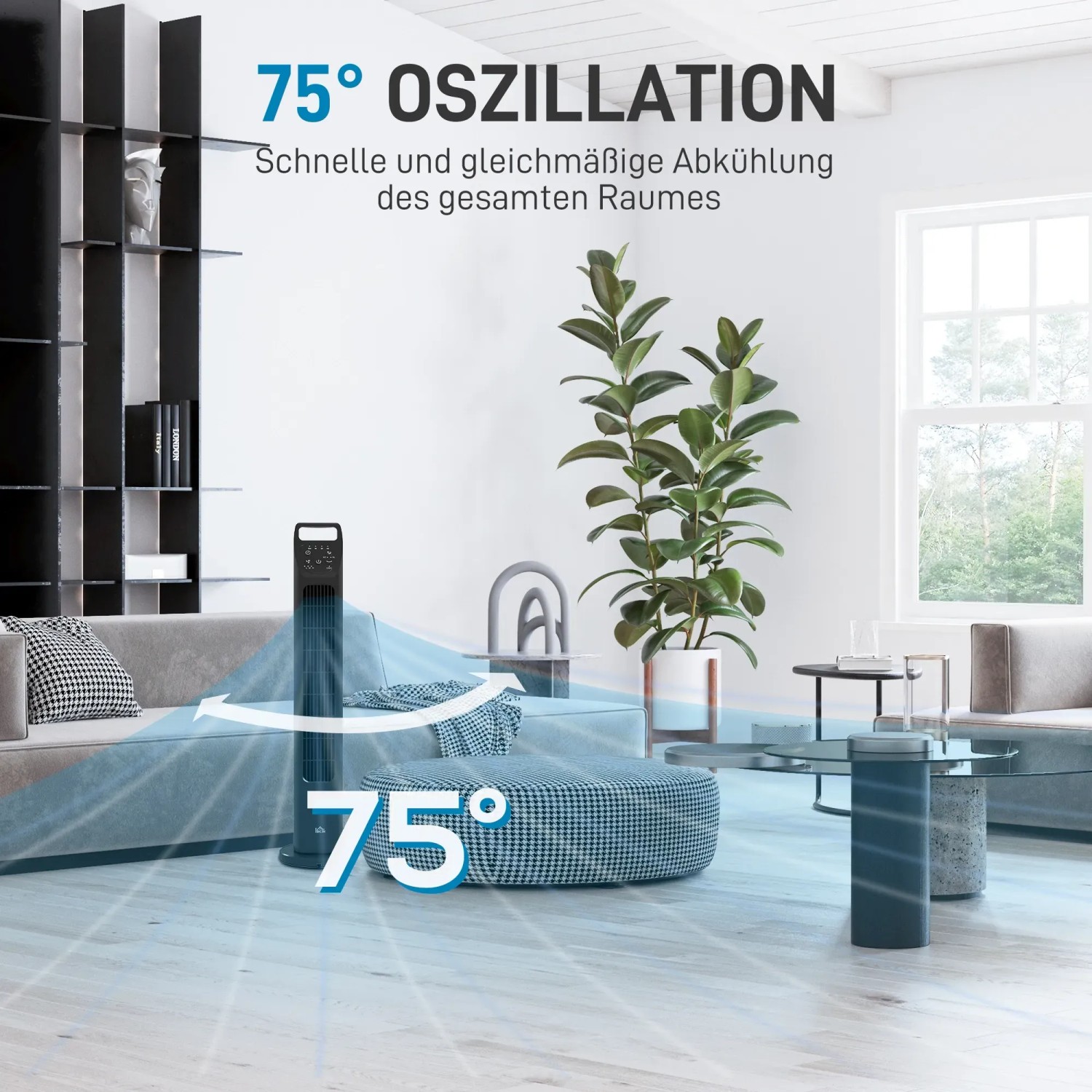 HOMCOM Turmventilator im Wohnraum mit 75° Oszillation für gleichmäßige Kühlung.
