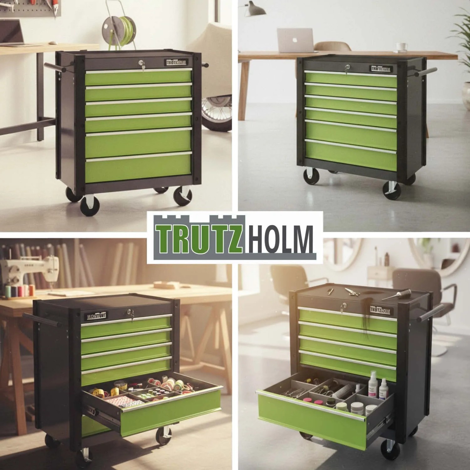 Grüner TRUTZHOLM Werkzeugwagen Trutzi mit 6 Schubladen zur Werkzeugaufbewahrung.