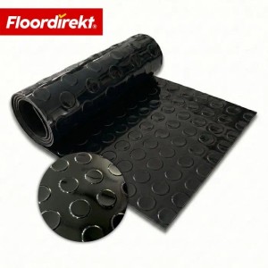 Schwarzer Floordirekt PVC-Bodenbelag mit Coin-Struktur, gerollt und als Fläche dargestellt.
