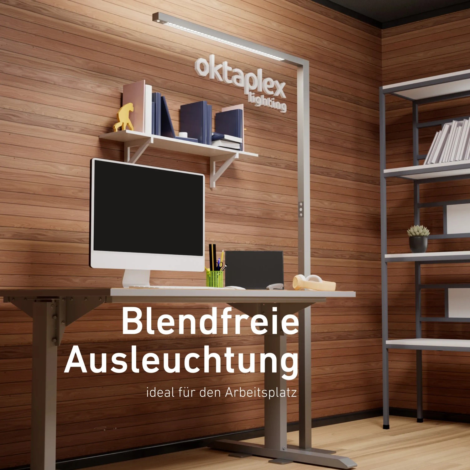 Silberne Oktaplex Alva LED Stehlampe mit Sensor für Büro, dimmbar, 80W. Arbeitsplatzbeleuchtung.