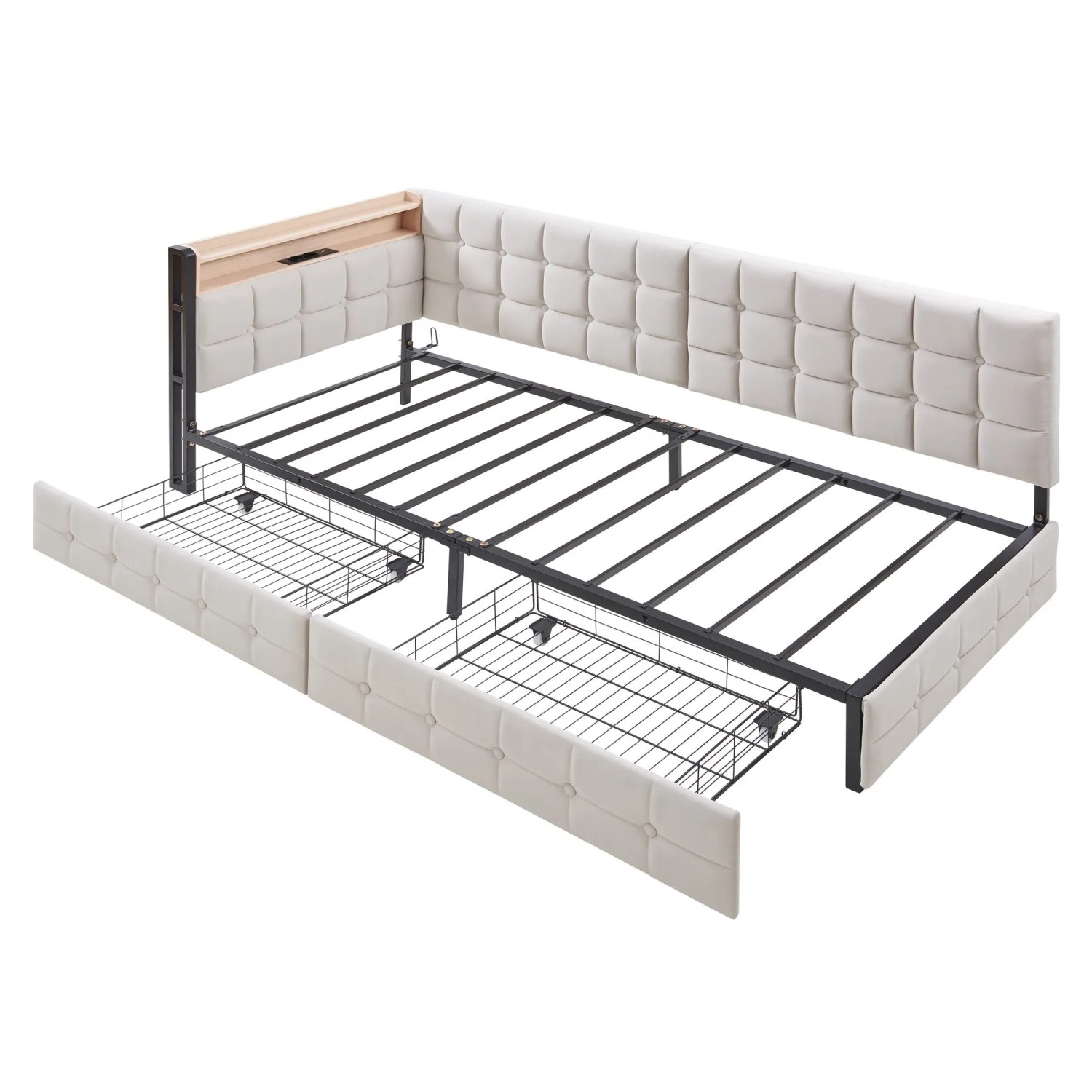 Merax Kinderbett 90x200cm LED USB-C Schubladen Beige