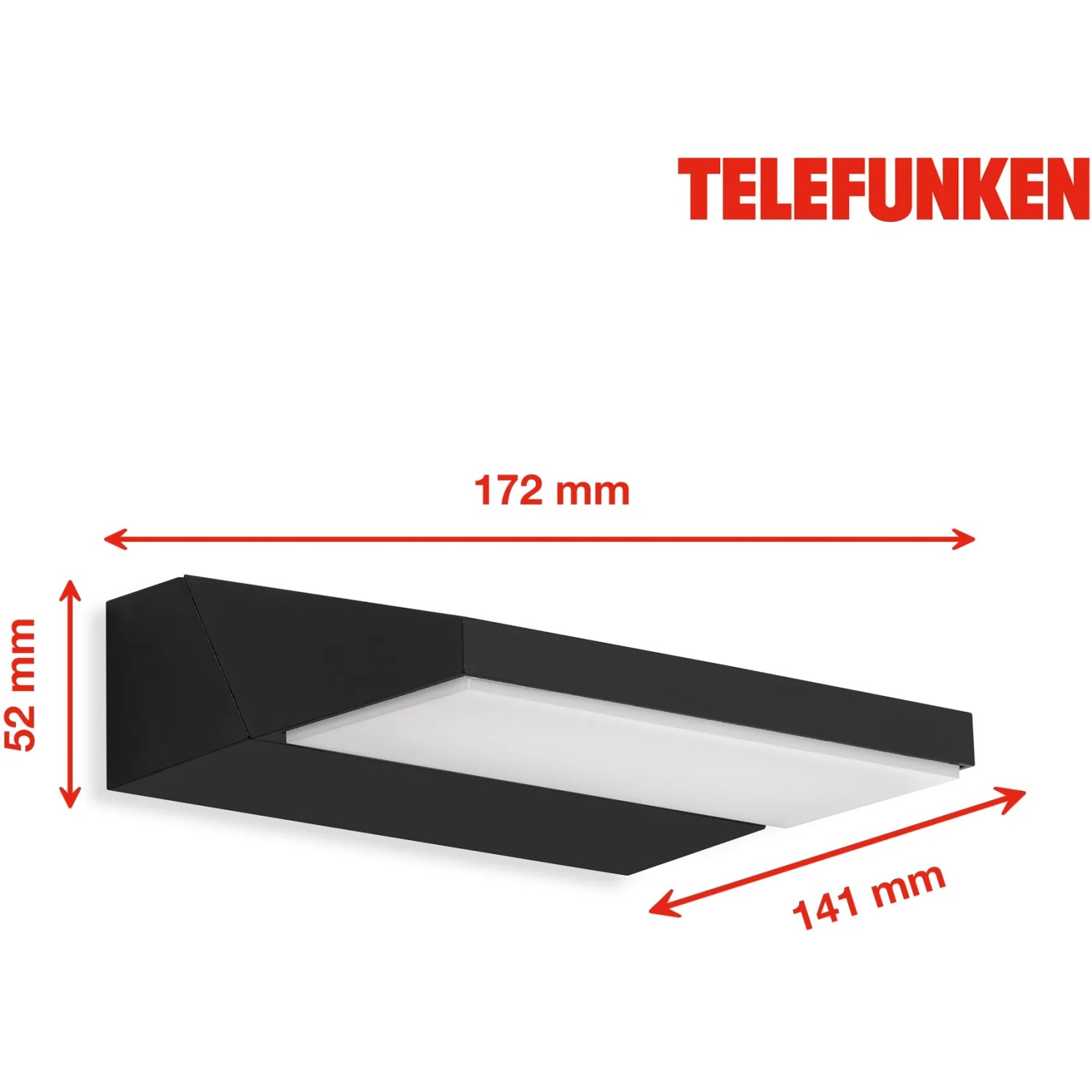 Schwarze Telefunken LED-Außenleuchte Bergen, 10W, zur Wandmontage. Detailaufnahme mit Maßangaben.