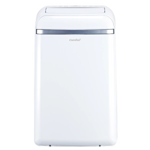Weiße Comfee Mobile Klimaanlage Pro mit silbernem Akzentband. Ideal zur Raumkühlung.